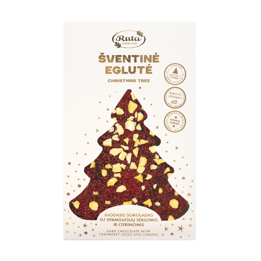 Juodasis šokoladas (50 %) su spanguolių sėklomis ir citrinomis „Šventinė eglutė“, 100 g