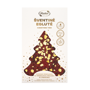 
                  
                    Juodasis šokoladas (50 %) su spanguolių sėklomis ir citrinomis „Šventinė eglutė“, 100 g
                  
                