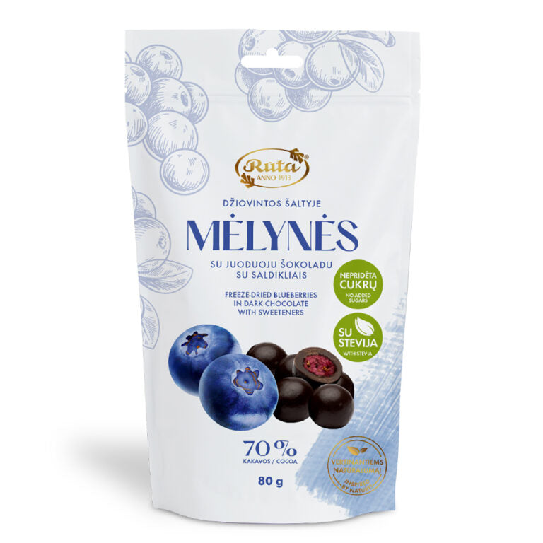 Liofilizuotos mėlynės su juoduoju šokoladu (70 %). Su stevija, 80 g