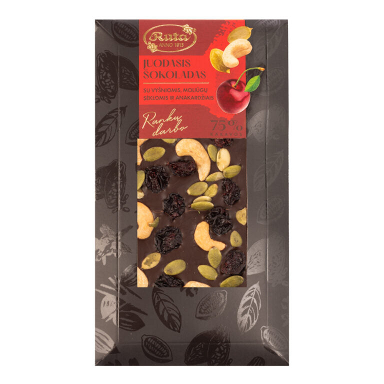Juodasis šokoladas (75 %) su vyšniomis, moliūgų sėklomis ir anakardžiais, 100 g