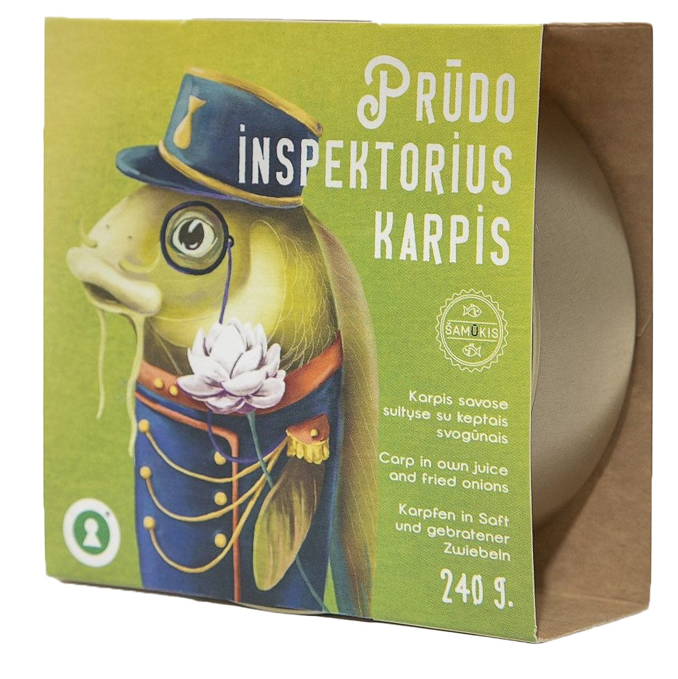 „Prūdo inspektorius Karpis“, karpis savose sultyse su kepintais svogūnais, 240 g.